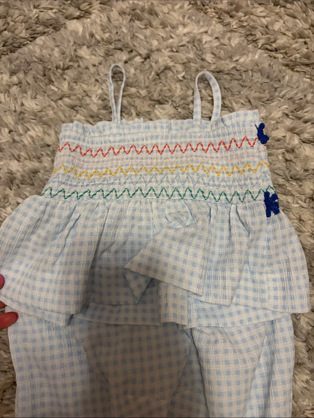 Old Navy Light Blue Gingham Smocked Peplum Romper with Navy Floral Trim